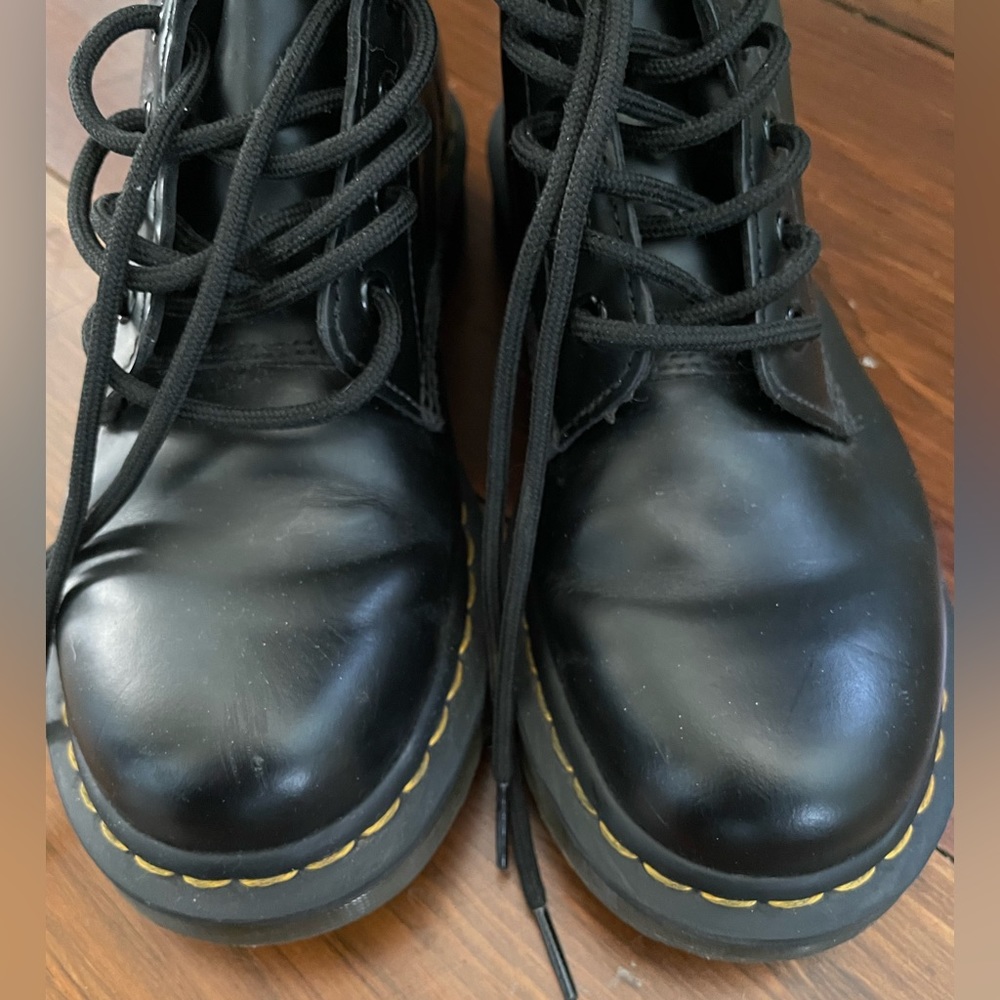 Dr. Martens Black Leather Combat Boots with Yellow Stitching - Picture 9 of 15